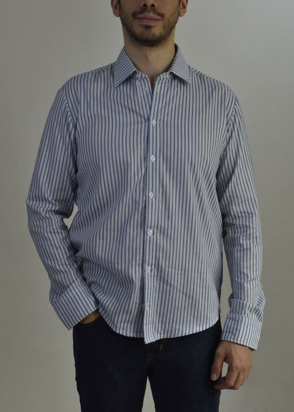 Camisa Casual Para Hombres Altos- Manga Larga (Azul Con Rayas)